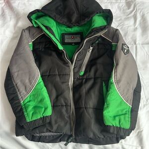 Black, Grey and Green Hooded Puffer Jacket